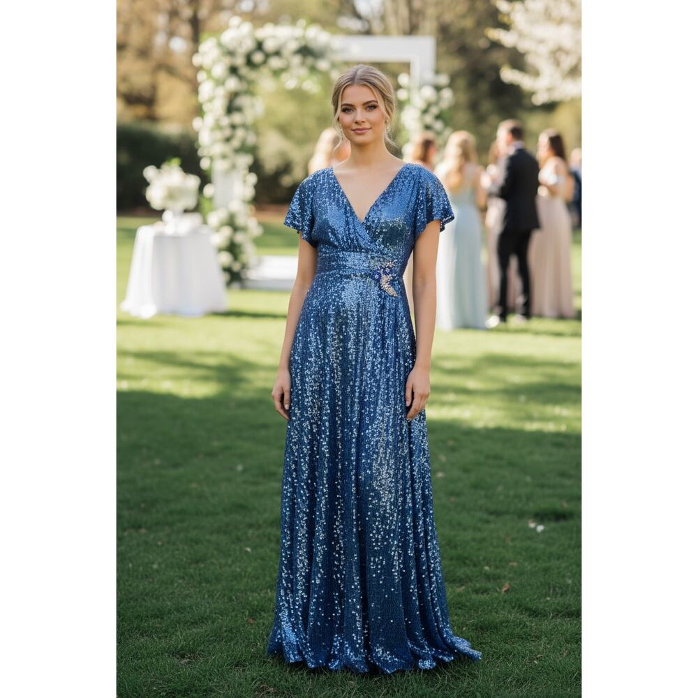 NWT MAC DUGGAL DRESS GOWN BLUE SEQUIN WEDDING GUEST MOTHER OF THE BRIDE EVENING